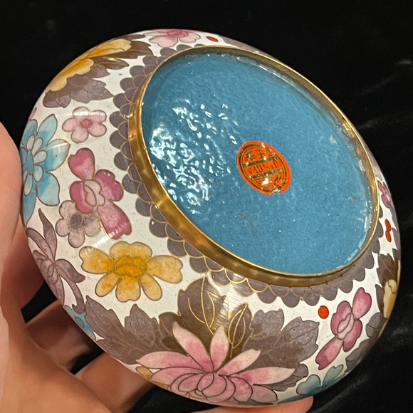 JINGFA chinese Cloissone Brass painted metal trinket bowl & lid - Picture 6 of 8